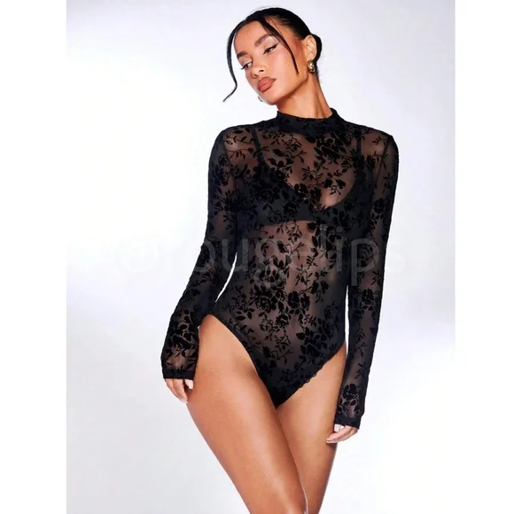 Black Mesh Lace Sheer Long Sleeve Bodysuit - Picture 7 of 14